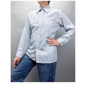 70's Men's Shirt | Vintage Faded Blue Chambray Long Sleeve Button Down Shirt